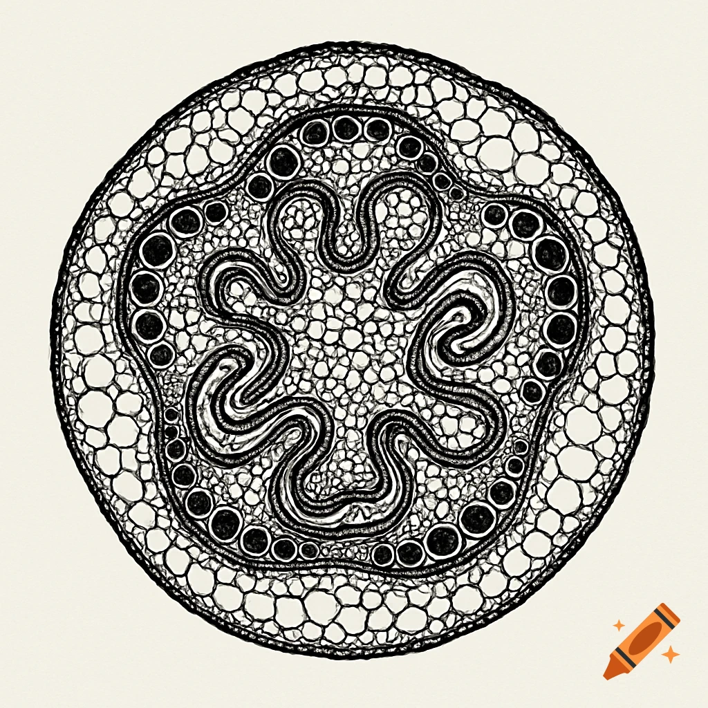 Detailed black and white illustration of a corn shoot's vascular bundle in cross-section, showing cellular structures.