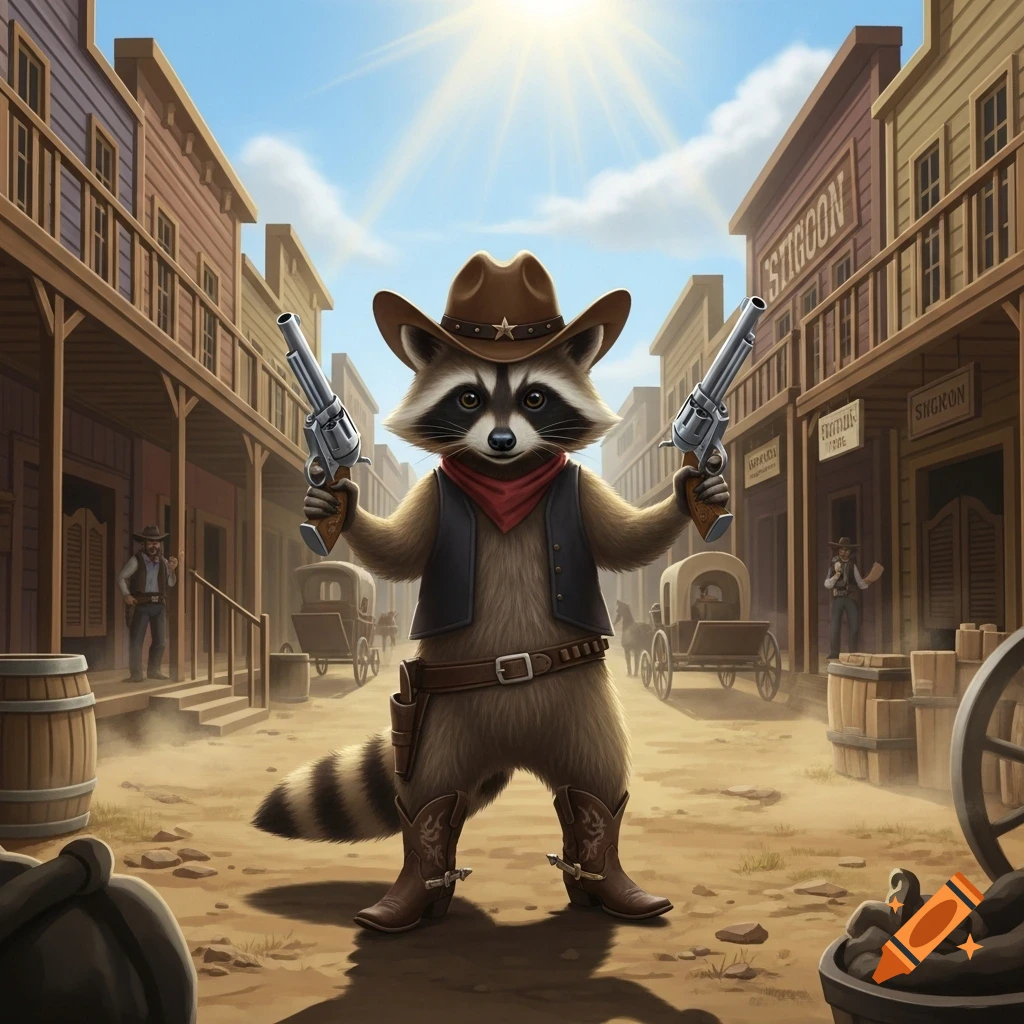 A cartoon raccoon dressed as a cowboy, dual-wielding pistols in a dusty western town street.