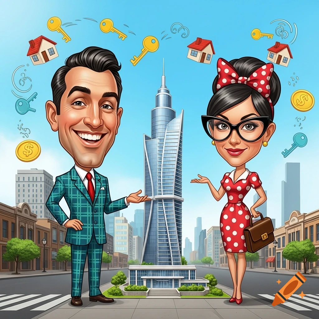Caricature man in a plaid suit and woman in a polka dot dress standing by a skyscraper, with floating houses, keys, and coins.