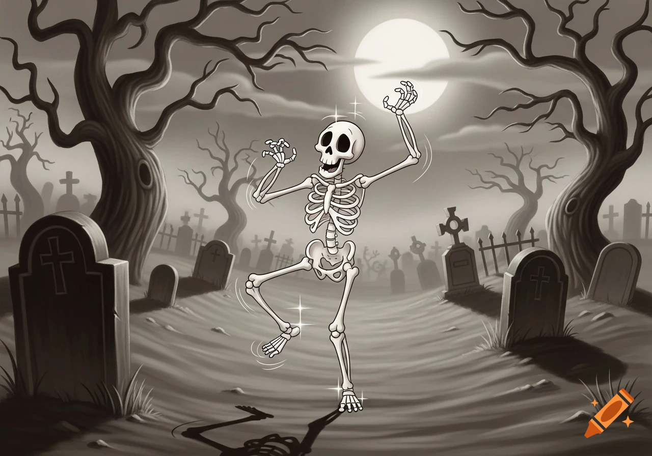 A cartoon skeleton dances joyfully in a spooky graveyard under a full moon in a grayscale, classic animation style.