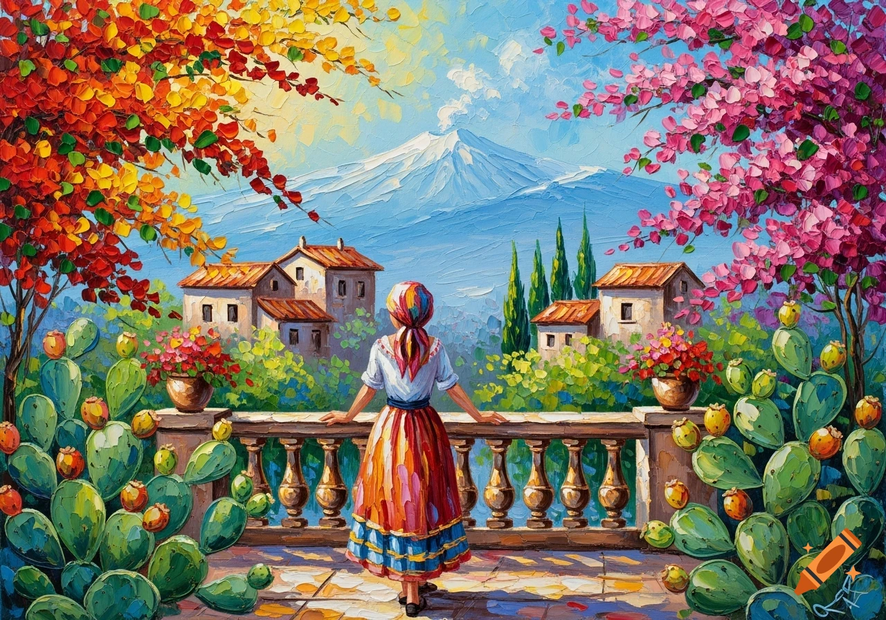 Palette knife painting of a woman in Sicilian dress on a terrace overlooking Mount Etna, vibrant bougainvillea and cacti.
