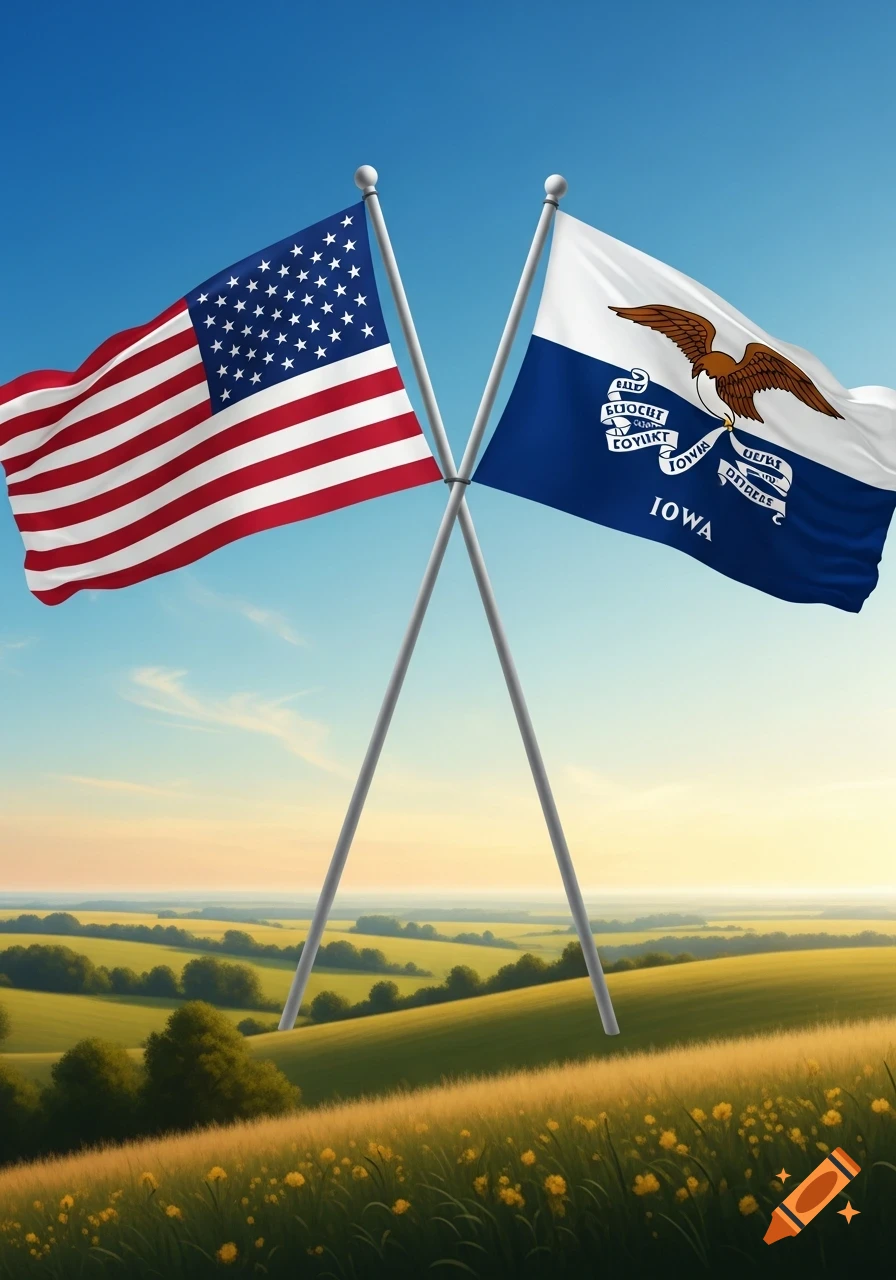 The American flag and the Iowa state flag crossed against a clear blue sky over a green, rolling landscape with yellow flowers.