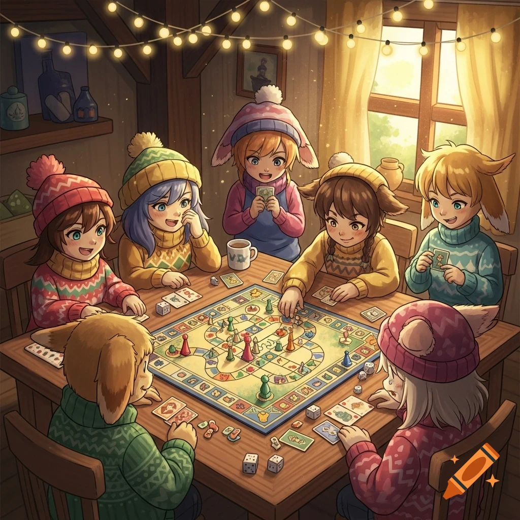 Six anime-style characters in winter hats and sweaters play a board game at a cozy wooden table with string lights.