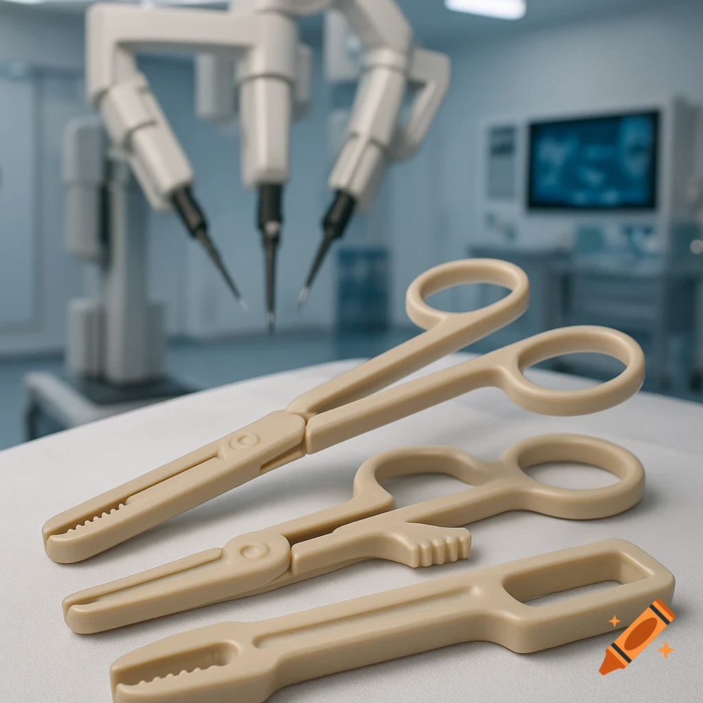 Three beige plastic medical instruments in the foreground of a blurred ...