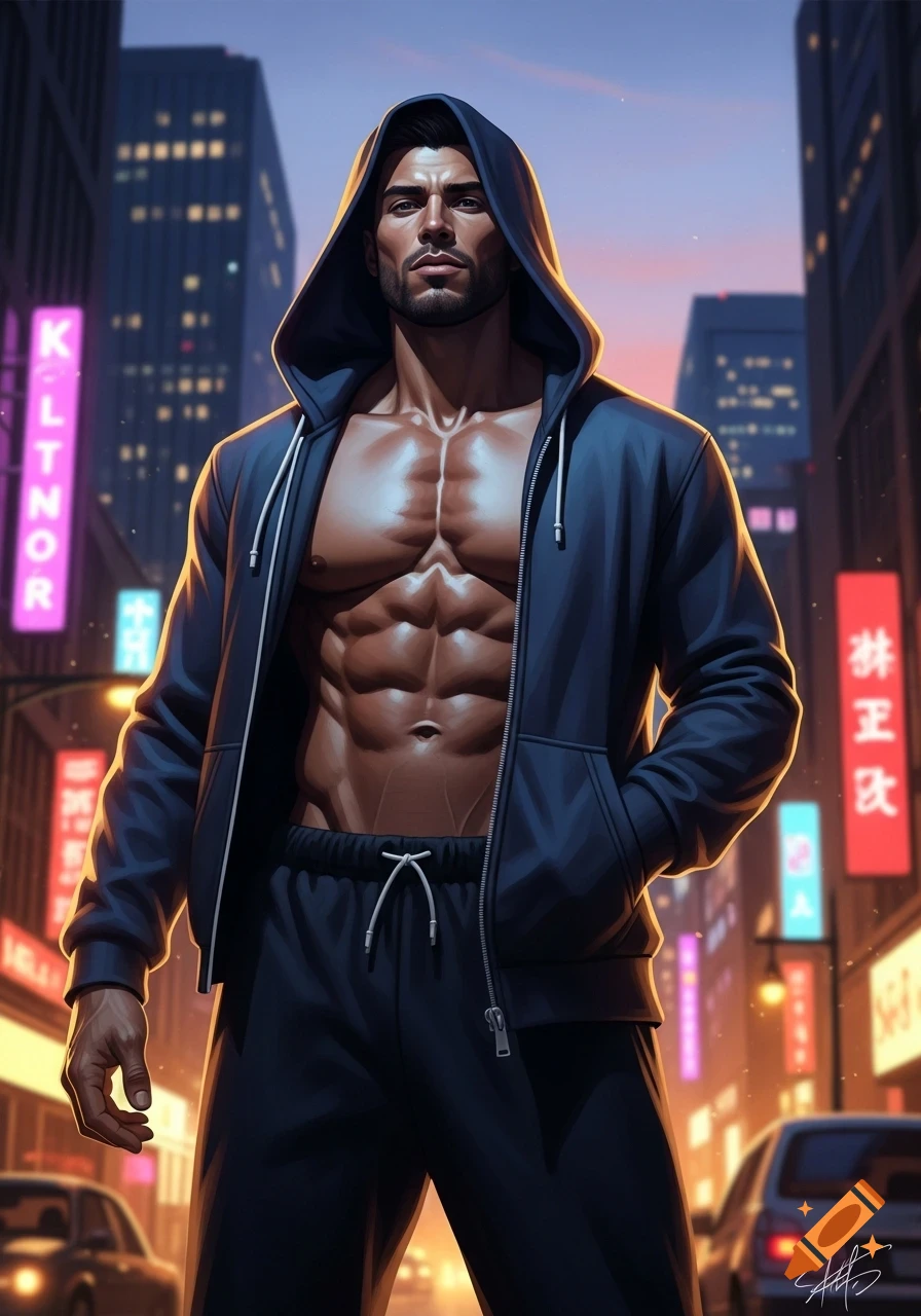 A muscular man in an open hooded jacket and sweatpants stands on a neon-lit city street at dusk, looking directly at the viewer. Digital art.