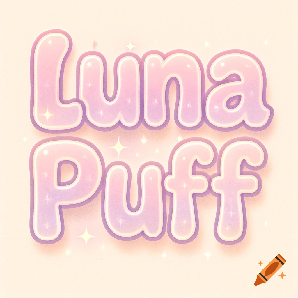 The words 'Luna Puff' rendered in a cute, bubbly, pastel pink and lavender font with a subtle inner glow and sparkles on a light background.