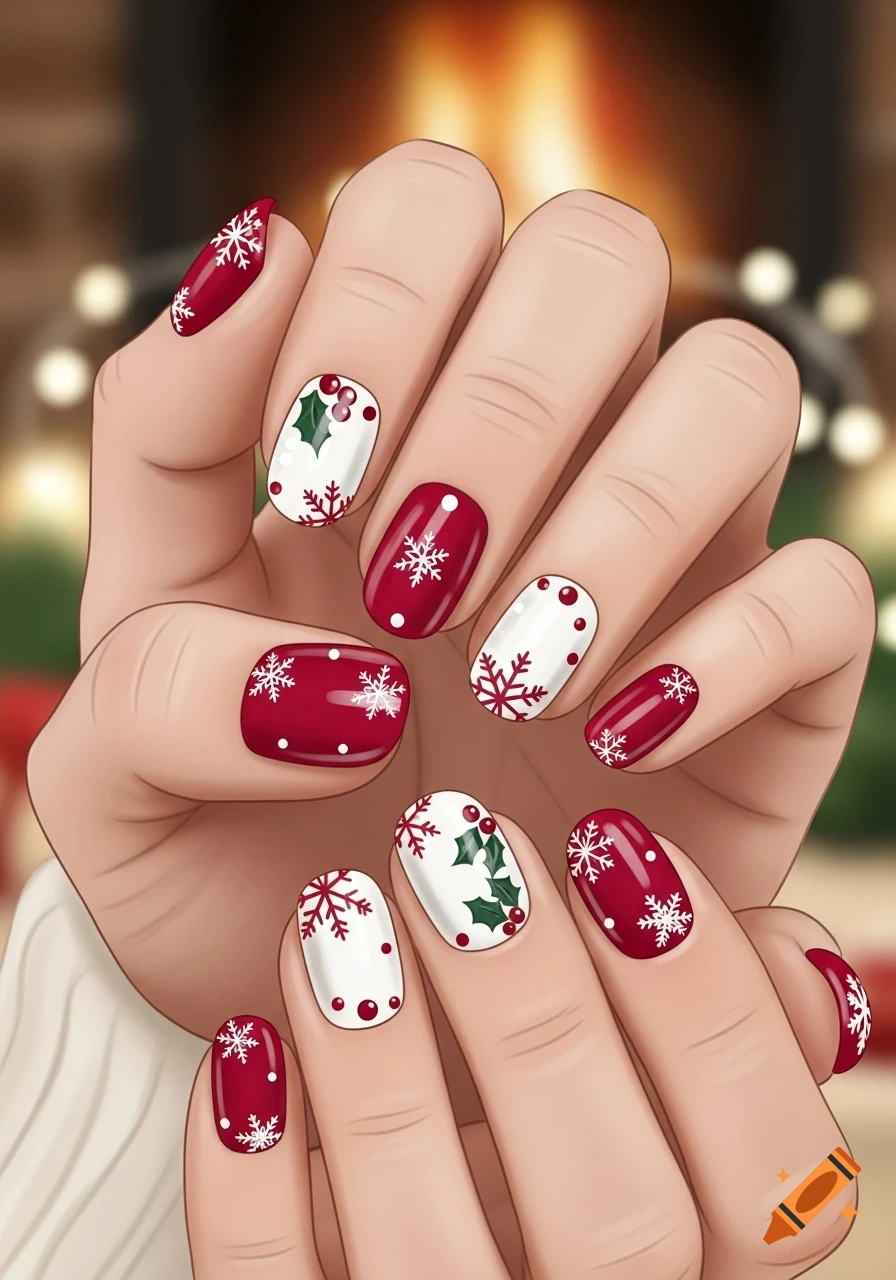 Close-up of hands with festive red and white Christmas nail art, adorned with snowflakes and holly designs, set against a warm, blurred fireplace background.