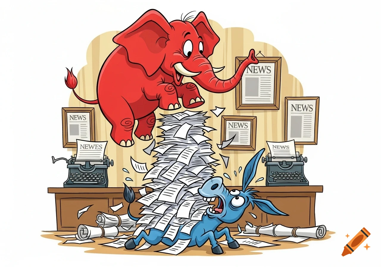 A red elephant drops a huge stack of papers onto a shocked blue donkey in a cartoonish political illustration. Typewriters and framed "NEWS" papers are in the background.