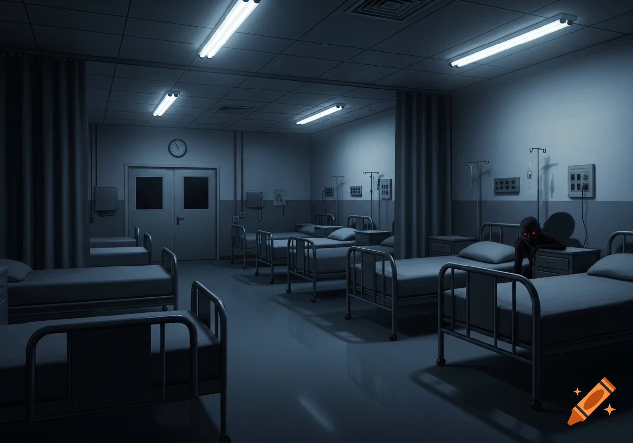 A dimly lit hospital ward with rows of empty beds, where a shadowy, creepy figure with glowing red eyes lurks behind a bedside table.