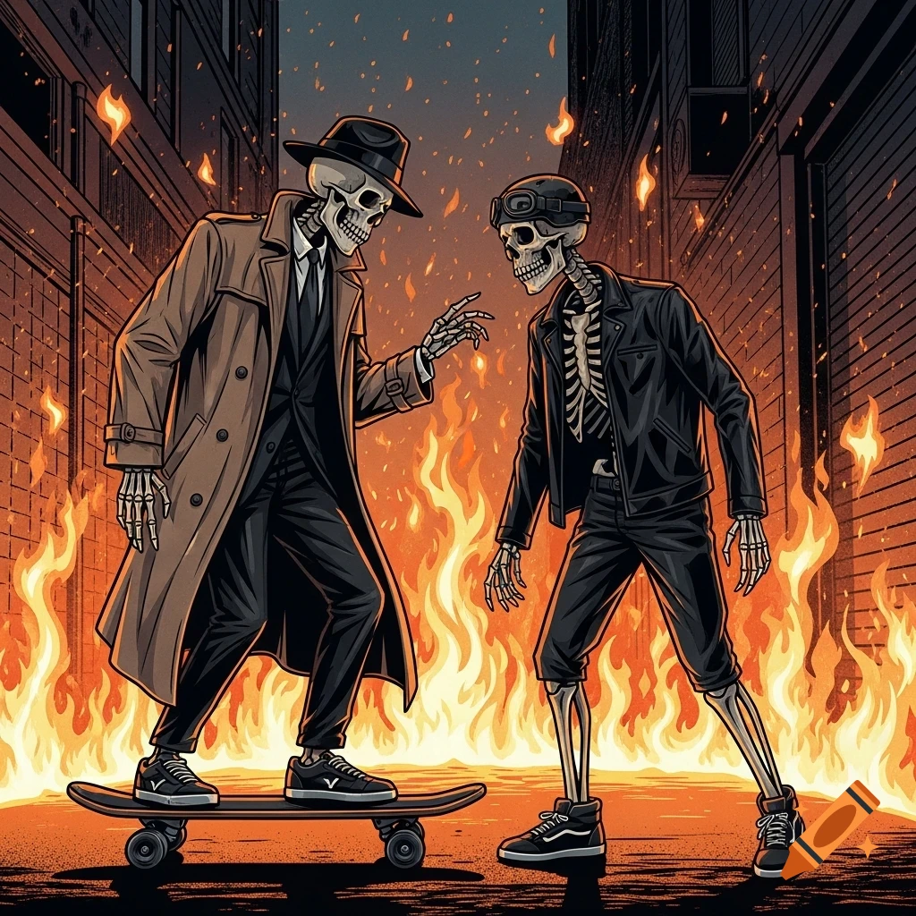 Two stylized skeletons, one in a trench coat on a skateboard and another in biker gear, face each other in a fiery alley.