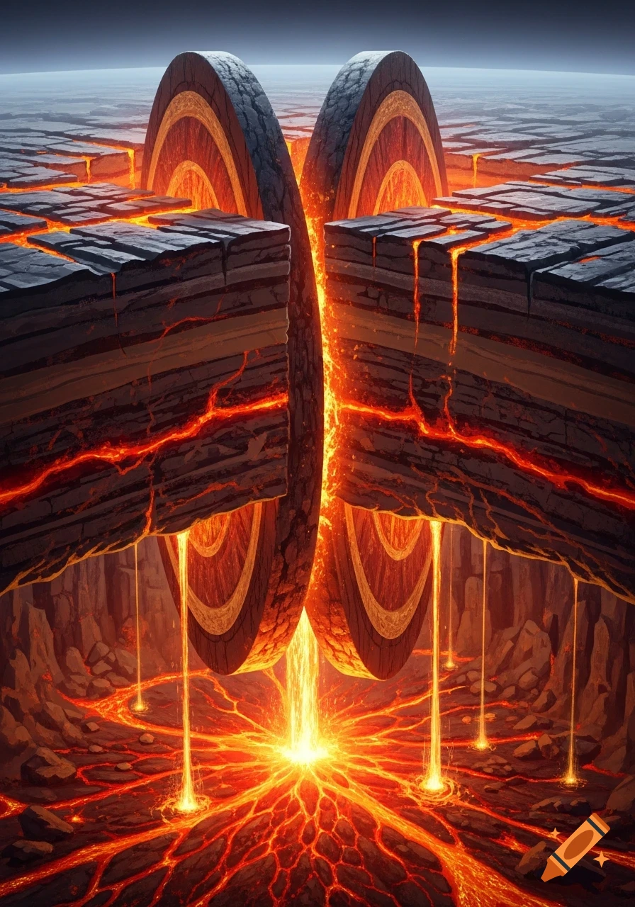 Abstract view of two large geological plates splitting, revealing molten lava pouring into a fiery underground cavern.