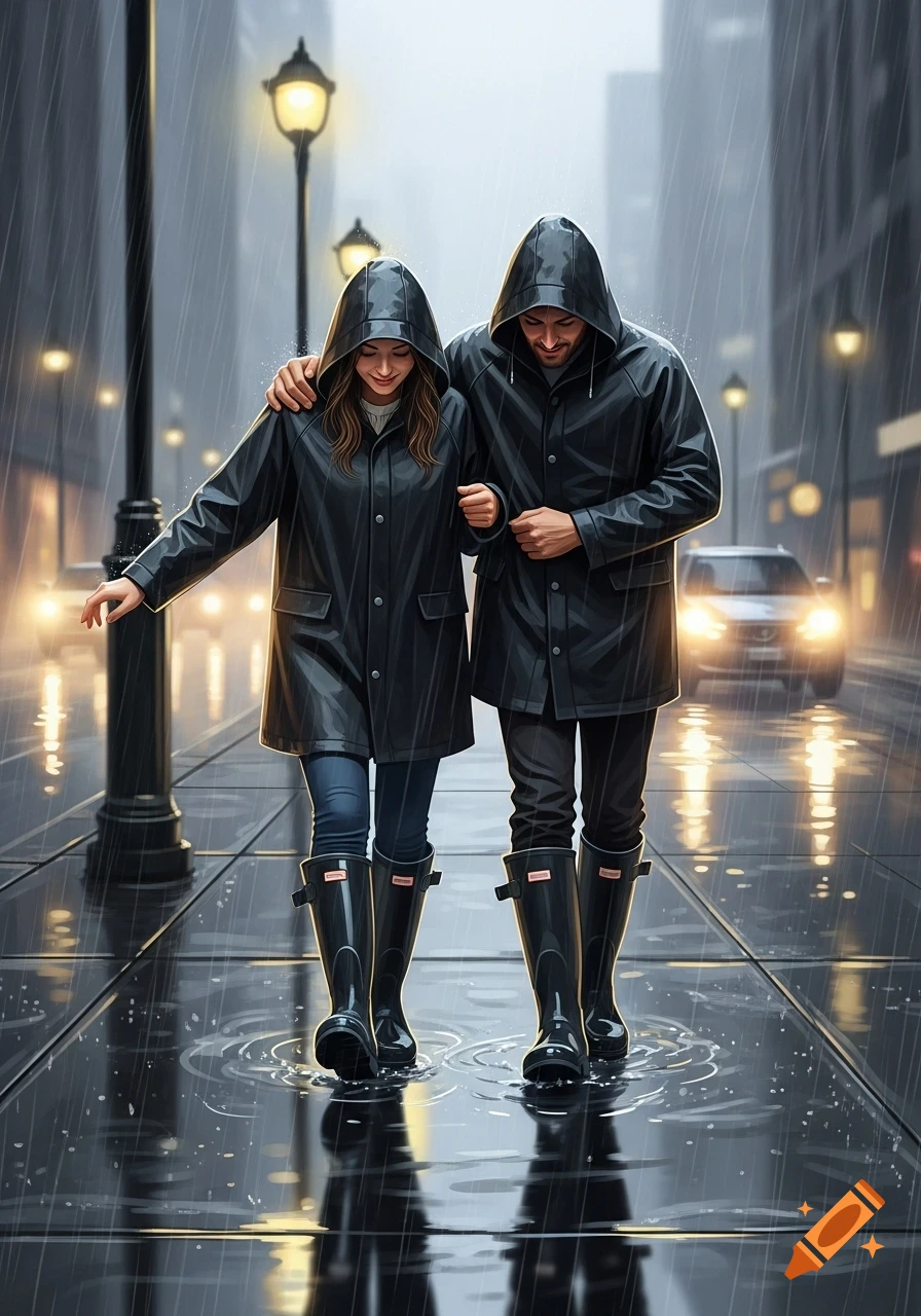 A photorealistic image of a couple in black raincoats and boots walking arm in arm on a slick, rainy city sidewalk.