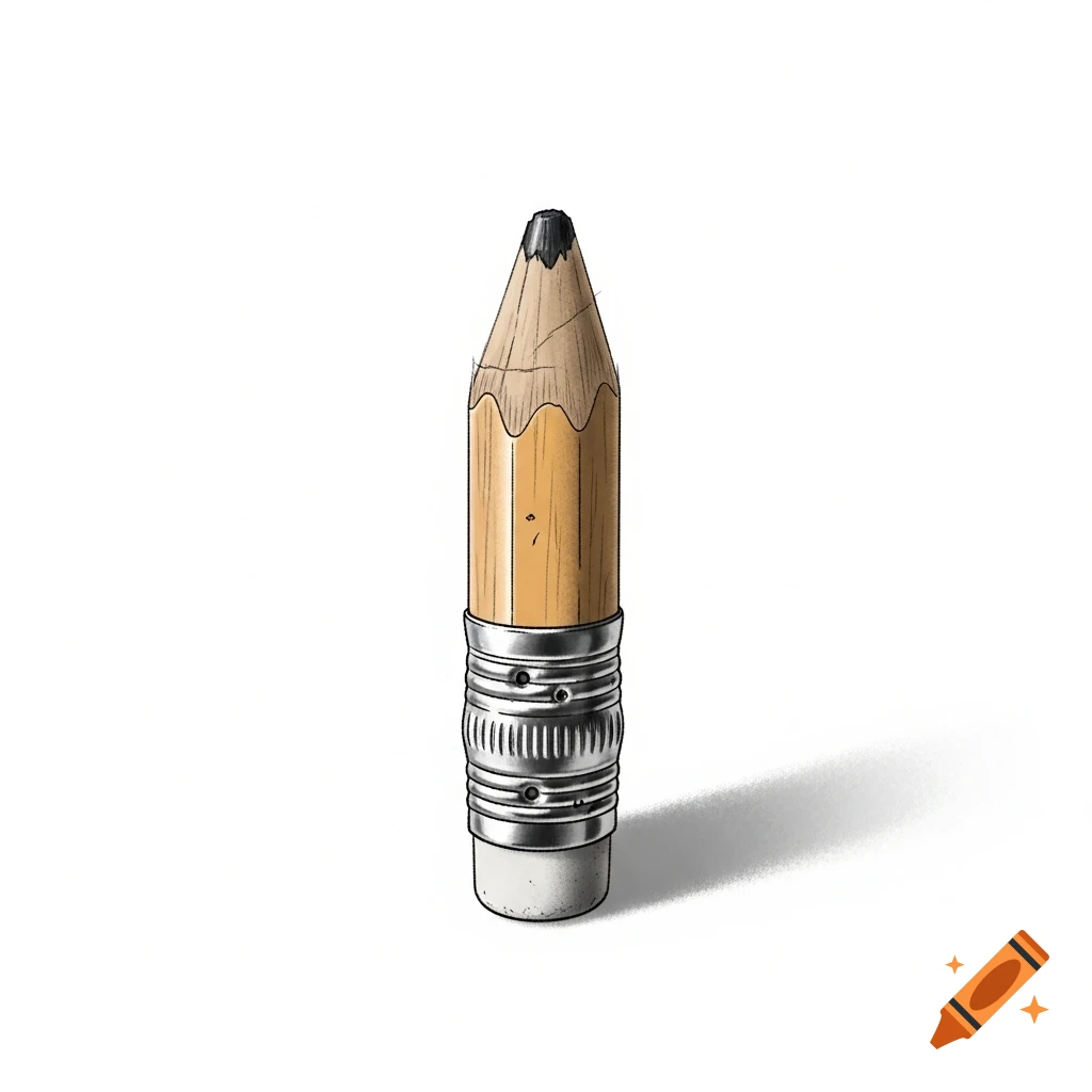 An illustrated, very short yellow pencil with a worn black tip and a silver ferrule holding a white eraser.