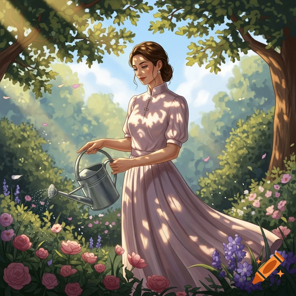 An illustration of a woman in a long dress watering pink and purple flowers in a sun-dappled garden.