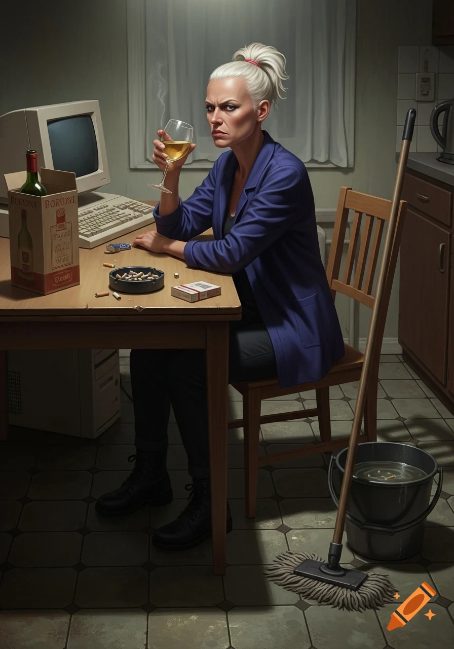 A stern blonde woman with a ponytail sits at a table with wine, cigarettes, and a vintage computer, a mop and bucket nearby. Photorealistic style.