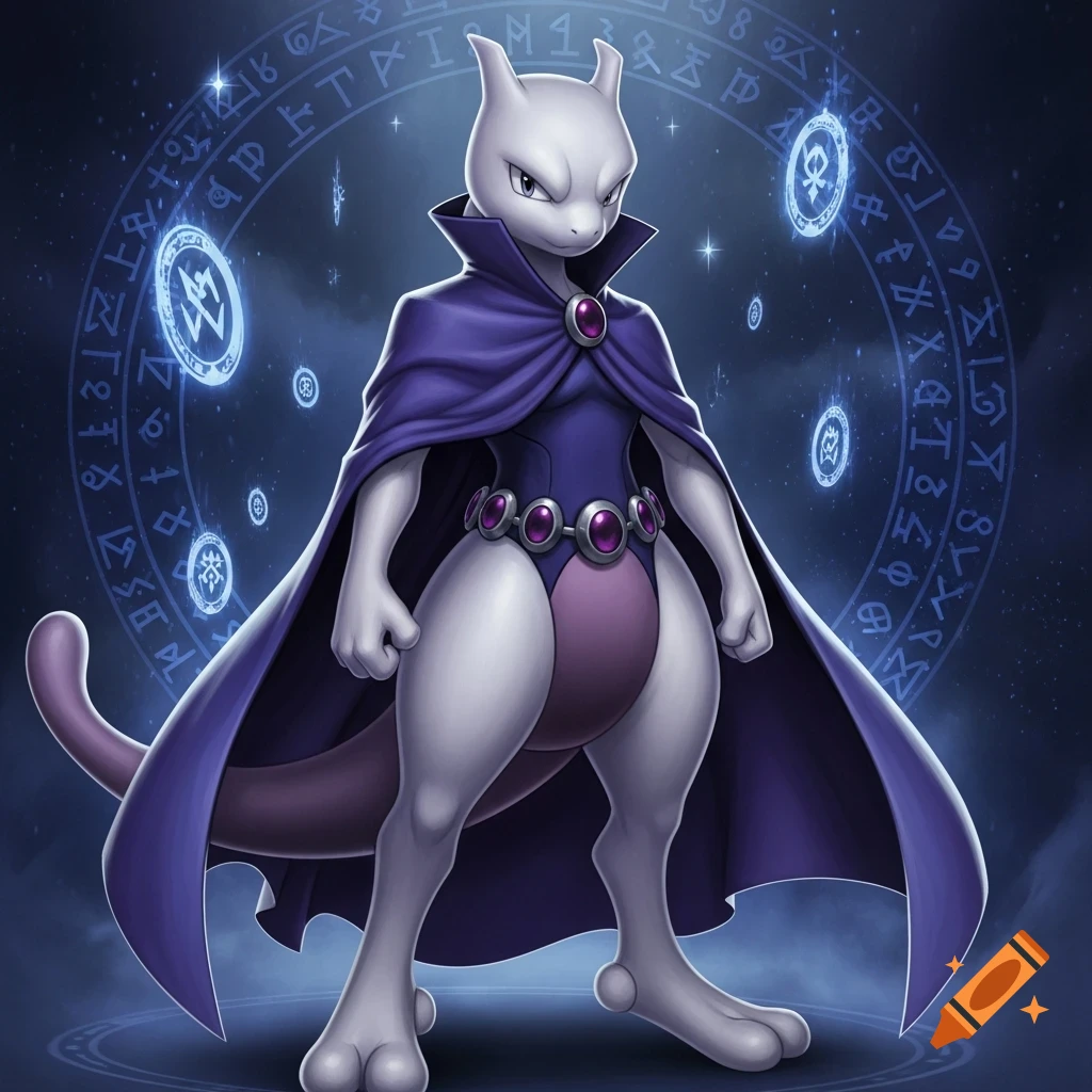 Mewtwo, a gray and purple Pokémon, wears a dark purple cape and bodysuit with gemmed belts, standing against a magical blue circle background.