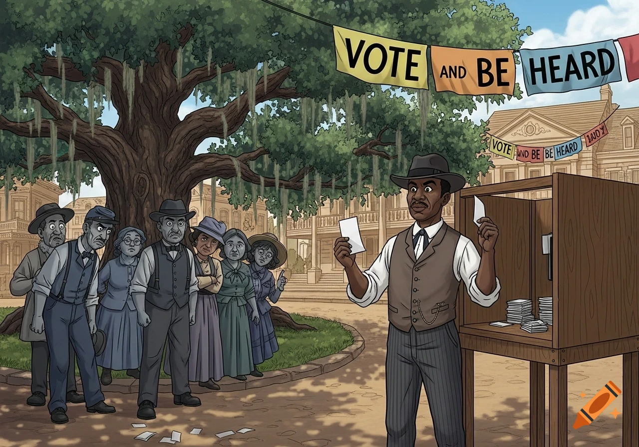 Cartoon illustration of an African American man voting and speaking to a group of solemn-faced people, with 'VOTE AND BE HEARD' banners overhead.