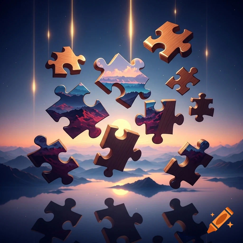 Wooden and landscape-filled puzzle pieces float above water, reflecting a sunset over mountains under a starry sky with light beams.