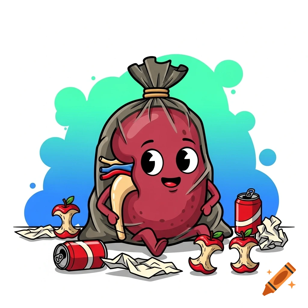 A cute cartoon kidney in a trash bag with a happy face, surrounded by apple cores and soda cans, in an illustration.
