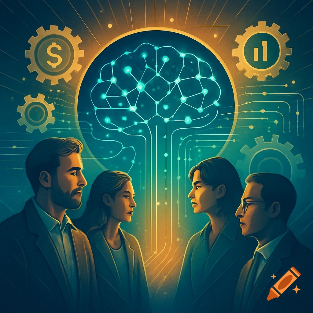 A stylized illustration of four professionals looking towards a glowing brain with circuitry, surrounded by gears with financial symbols, against a dark teal background.