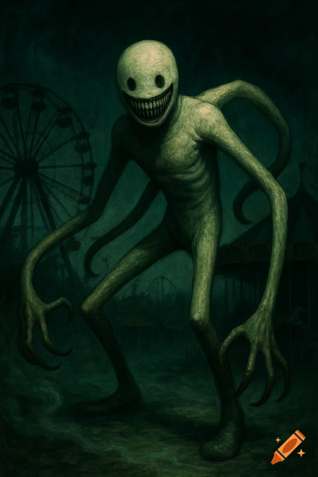 A scary, lanky, pale green monster with a wide, toothy grin and black eyes stands in a dark, abandoned amusement park.