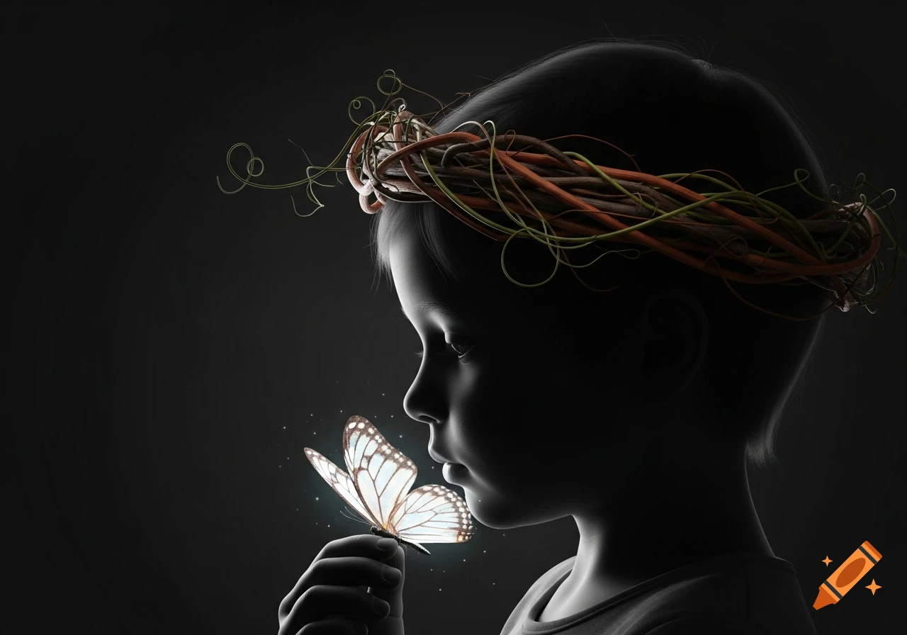 A child in silhouette, wearing a twig wreath, gently holds a glowing white butterfly.