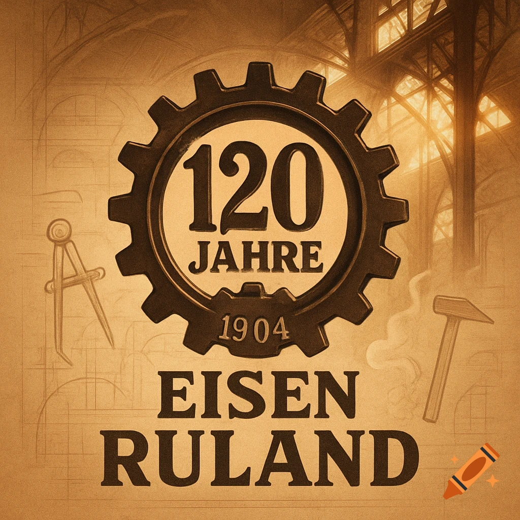 A vintage-style logo featuring a gear with "120 JAHRE 1904" and "EISEN RULAND" text, against a sepia-toned industrial blueprint background with drafting tools.