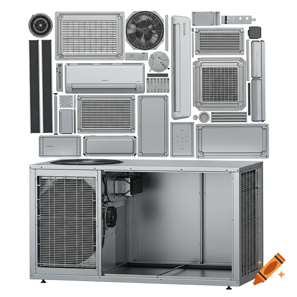 Exploded view of air conditioner unit components, including indoor and outdoor parts, laid out against a white background.