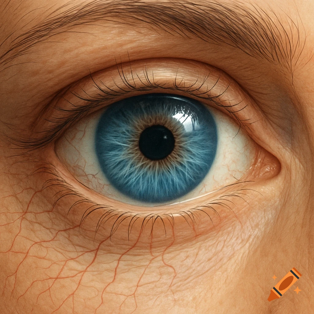 Extreme close-up of a detailed human eye with a bright blue iris, black pupil, and visible skin texture with fine capillaries.
