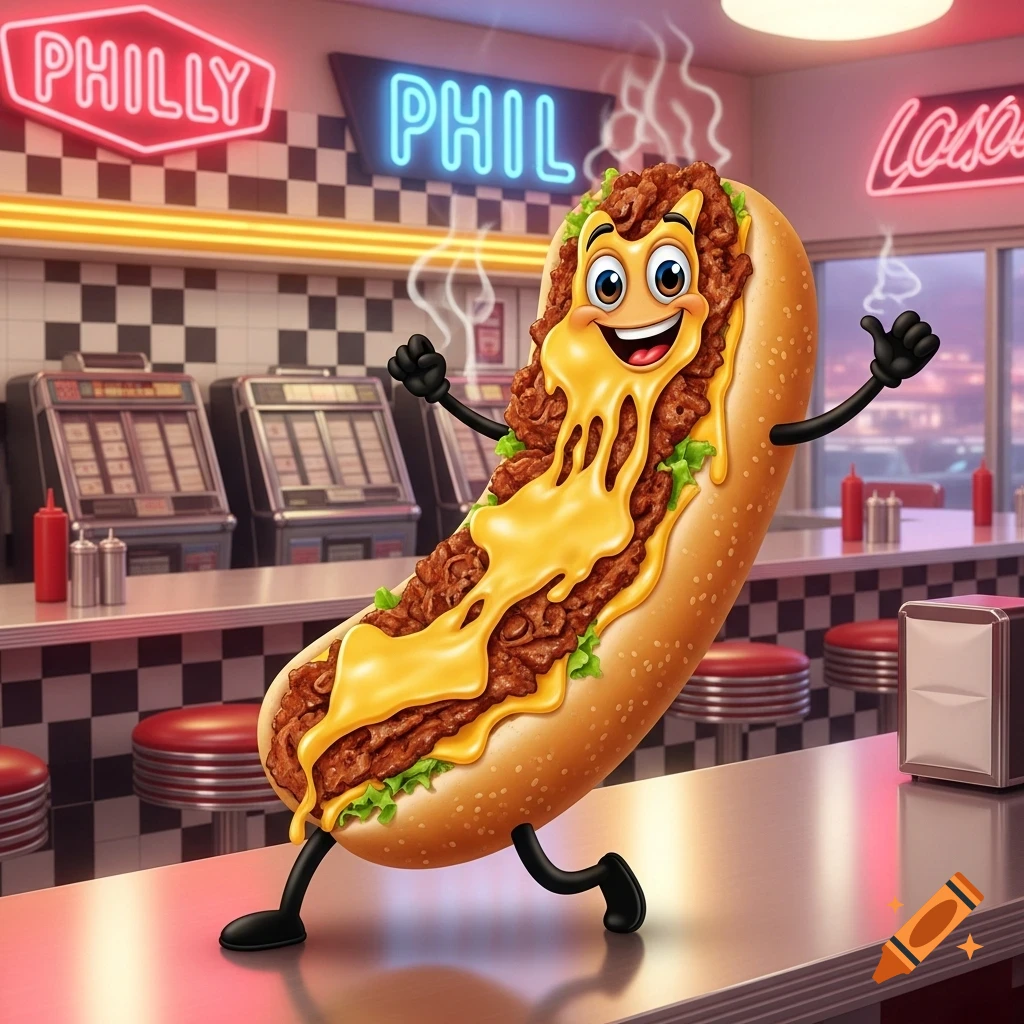 A cheerful, anthropomorphic cheesesteak with arms, legs, and a smiling face runs on a diner counter. It is topped with melted cheese and lettuce, with neon signs 'PHILLY' and 'PHIL' in the background.