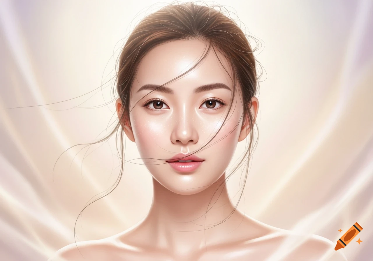 Close-up portrait of a woman with radiant, glowing skin and minimal makeup, with wispy hair strands framing her face against a soft, luminous background.