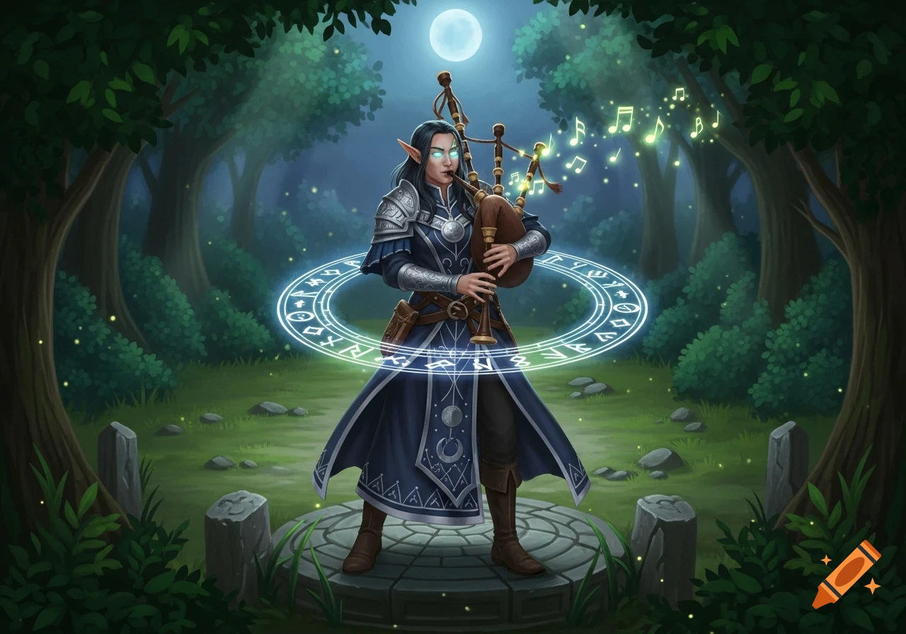 Fantasy illustration of a long-haired elf in blue and silver armor playing bagpipes in a moonlit forest with glowing runes and musical notes.