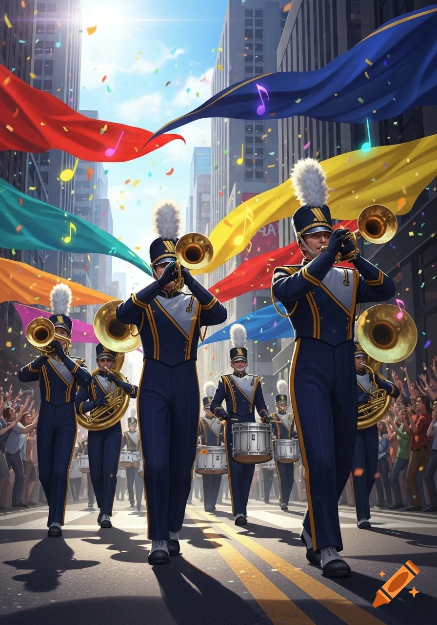 A vibrant marching band in blue and gold uniforms parades down a city street, playing brass instruments as confetti and colorful banners fly overhead, in a photorealistic style.