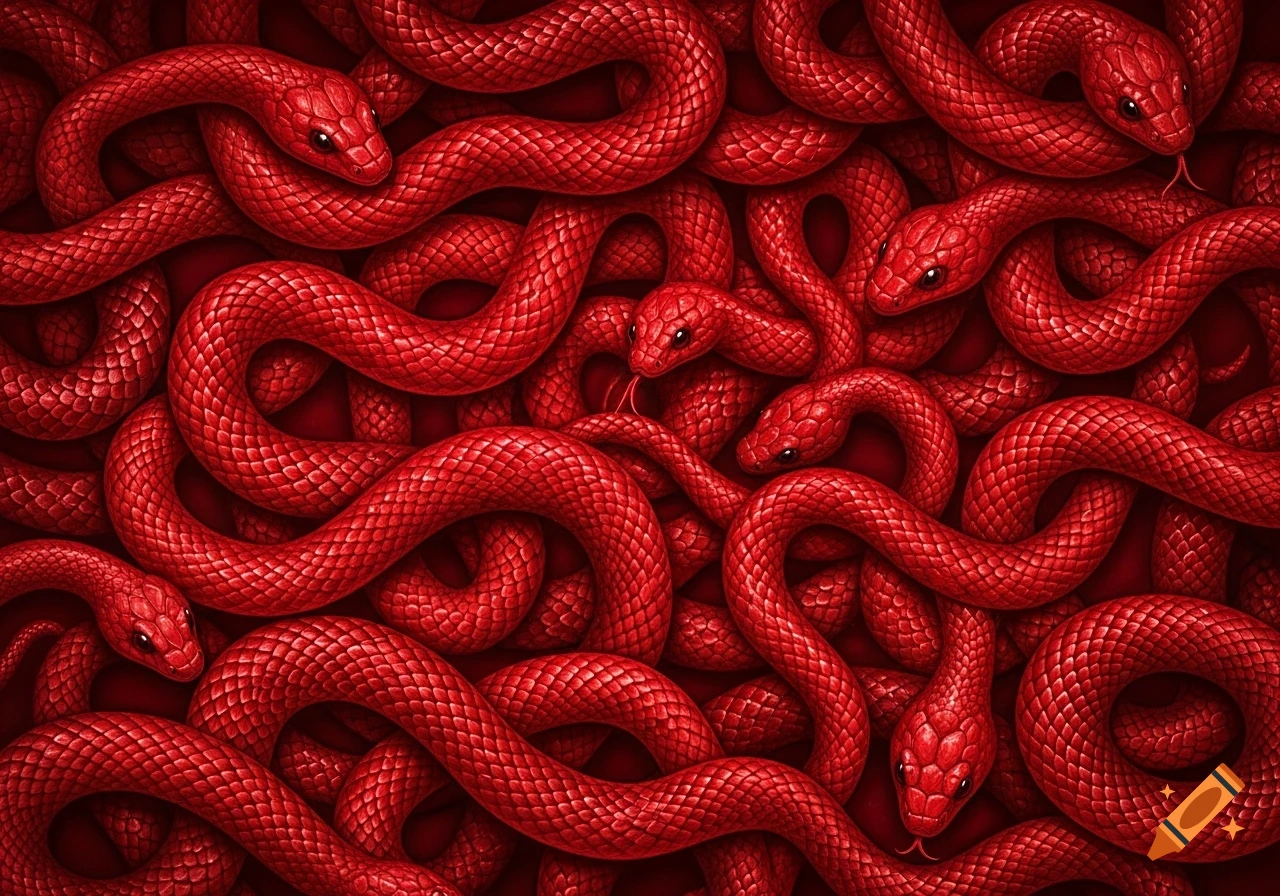 A dense tangle of vibrant red snakes, with multiple heads visible, covering the entire frame in an illustrative style.