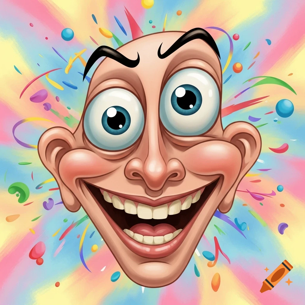 A cartoon, exaggerated face with wide blue eyes, a big smile, and bushy black eyebrows, against a colorful radial background with confetti.