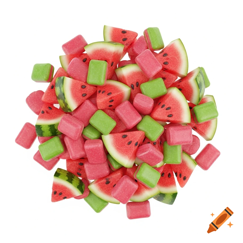 A top-down view of a pile of vibrant red watermelon slices with black seeds and green rinds, mixed with small, rectangular pink and green chewing gum pieces on a white background, in a 3D style.