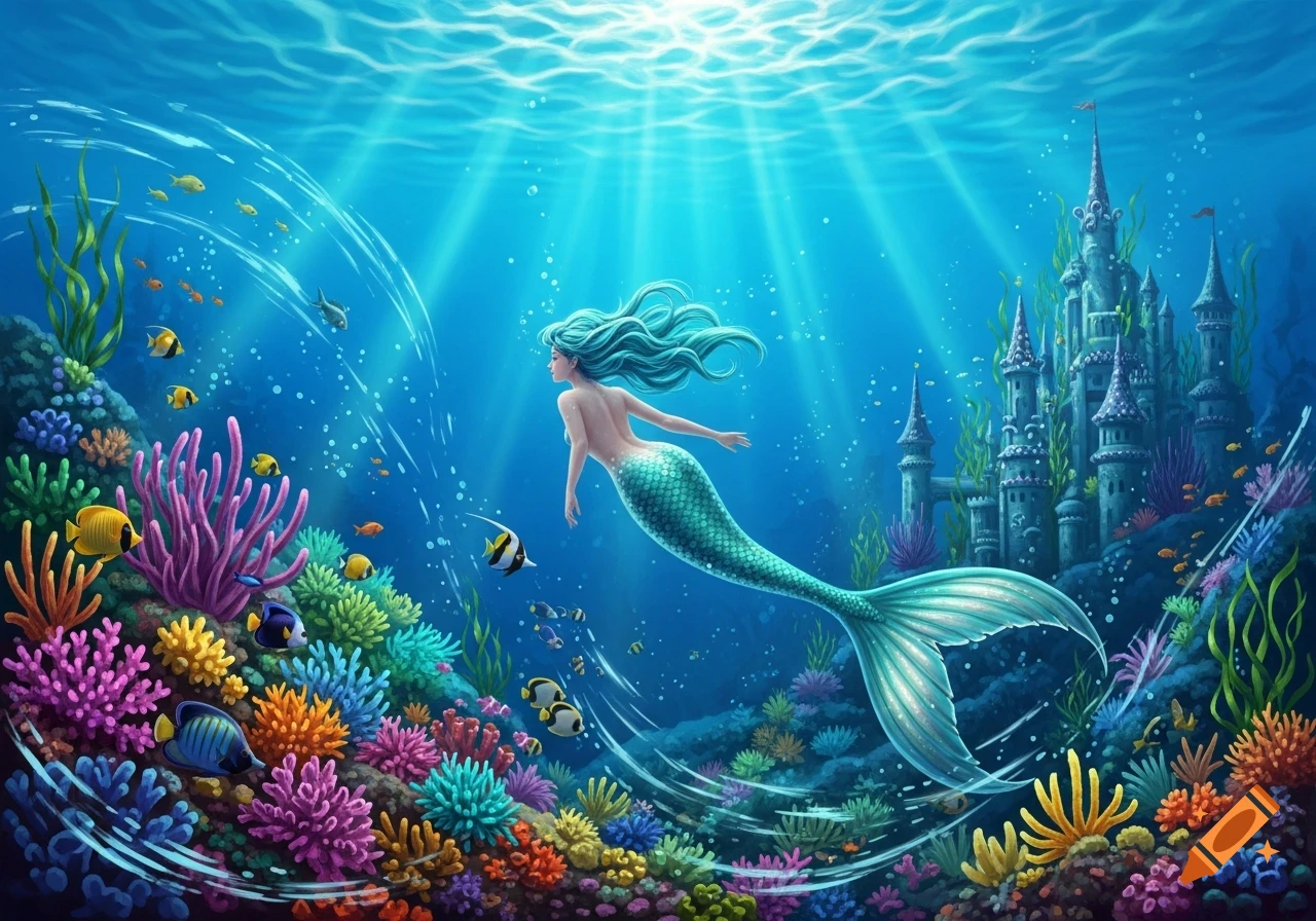 A vibrant fantasy illustration of a mermaid swimming near an underwater castle surrounded by colorful coral and tropical fish.