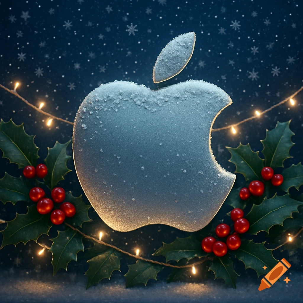A frosted Apple logo surrounded by holly leaves, red berries, and glowing string lights, against a dark blue background with falling snowflakes.