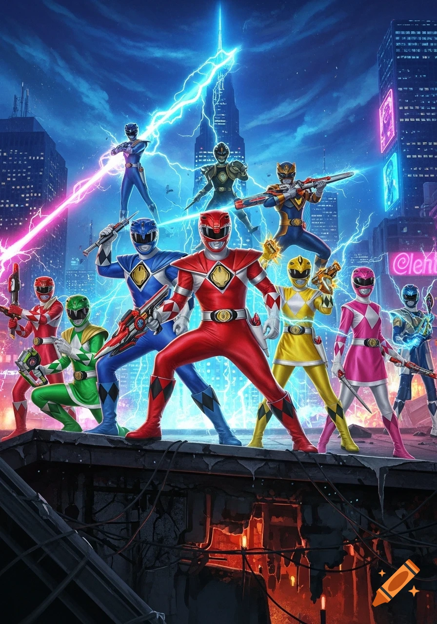 A group of Power Rangers in various colors stand on a rooftop in a futuristic city under a stormy, lightning-filled sky.