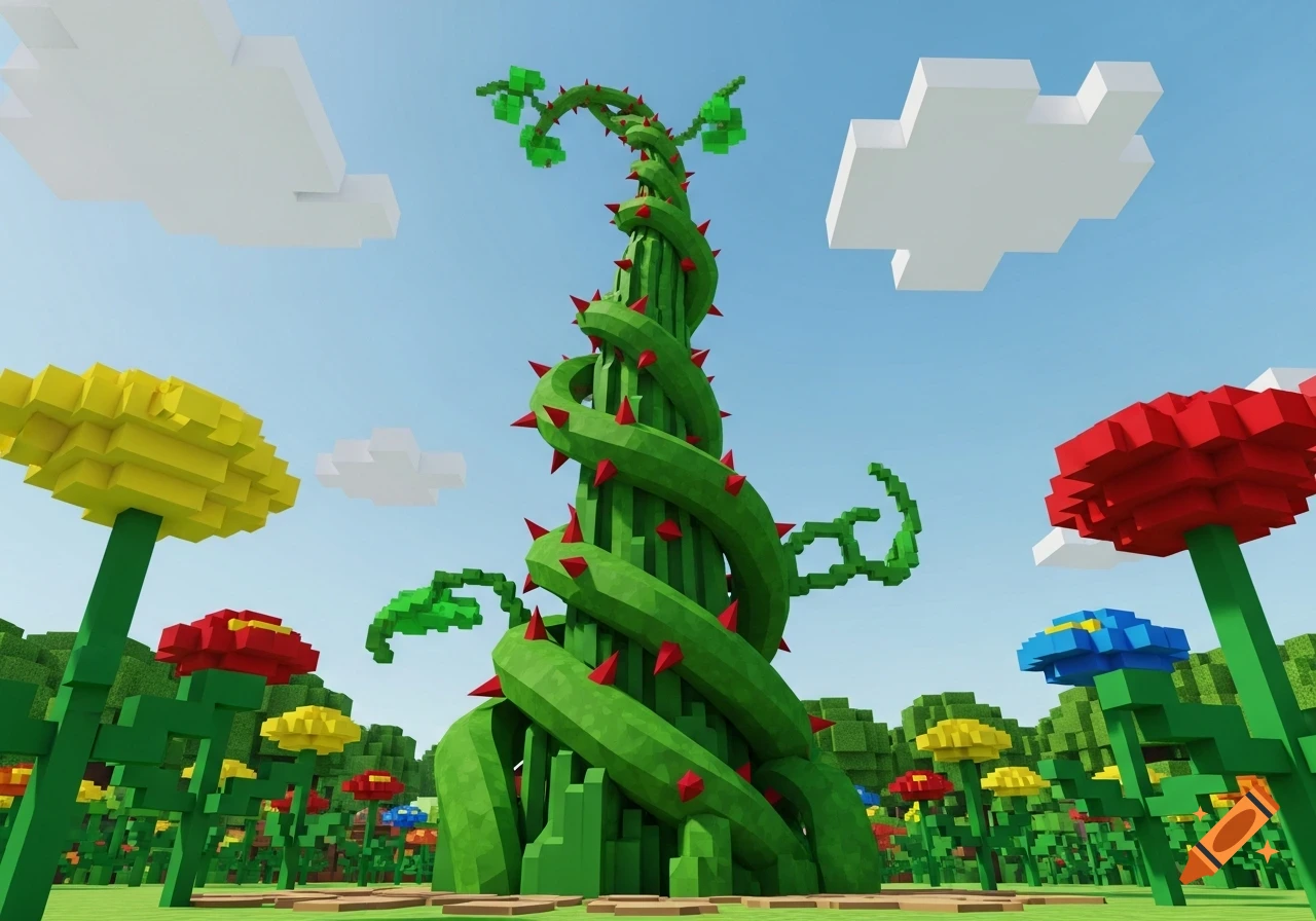 Roblox style beanstalk with crimson thorns in a vibrant blocky garden with colorful flowers under a blue sky.