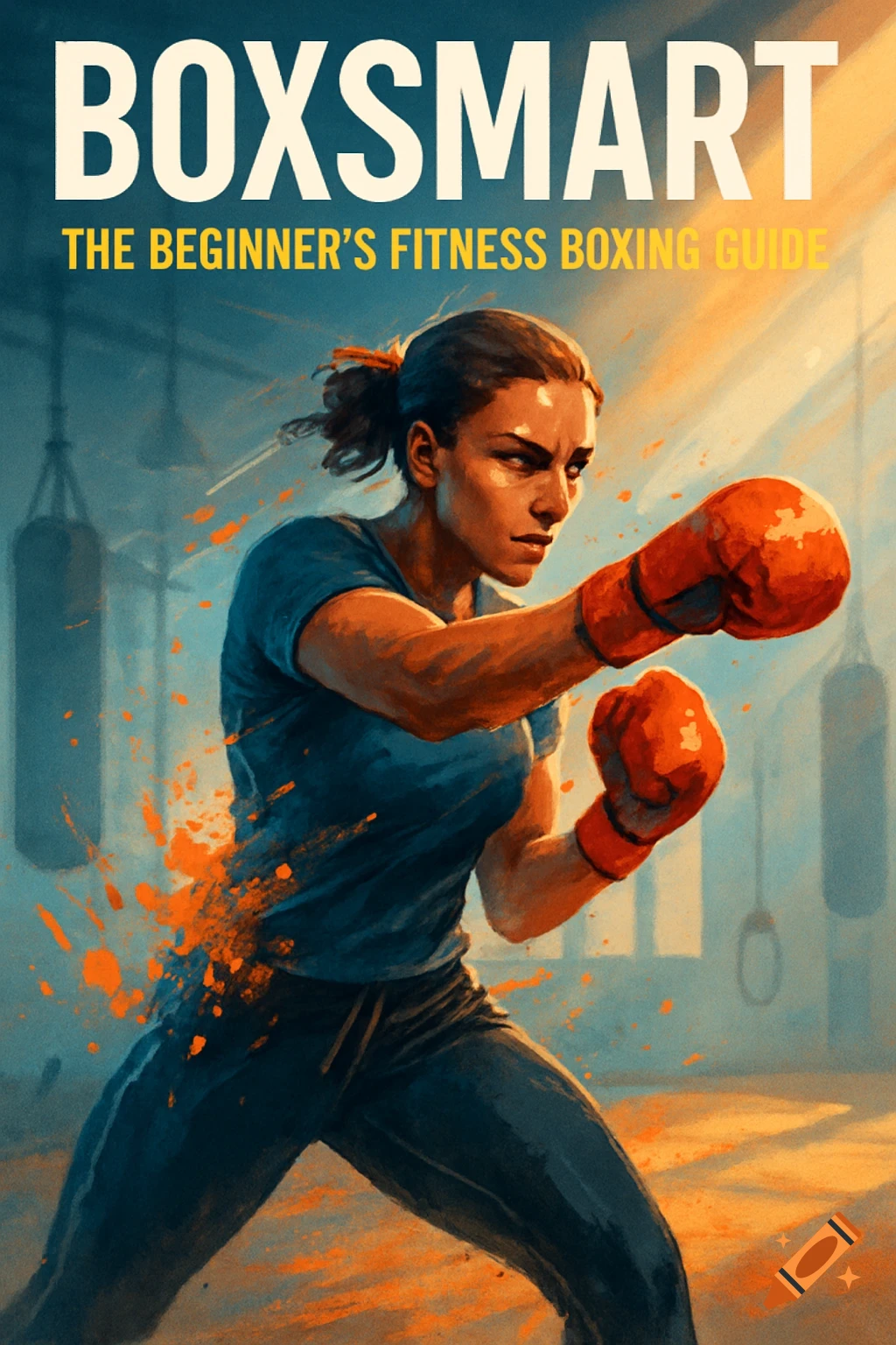 Illustration of a determined woman in orange boxing gloves, throwing a punch in a gym. Text: 'BoxSmart: The Beginner's Fitness Boxing Guide'.