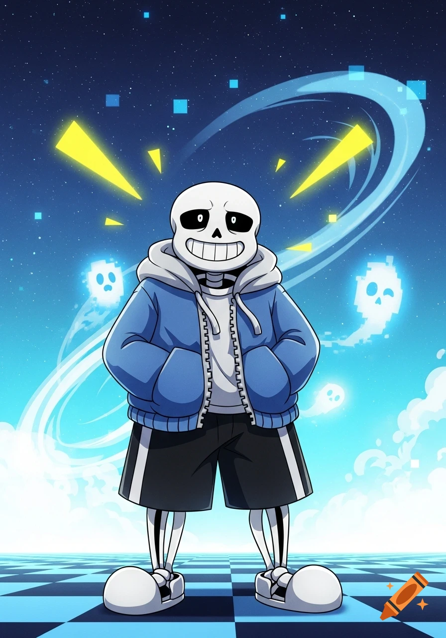 Cartoon of Sans, a smiling skeleton in a blue hoodie and shorts, standing on a checkered floor under a starry sky with pixelated ghosts and yellow energy.