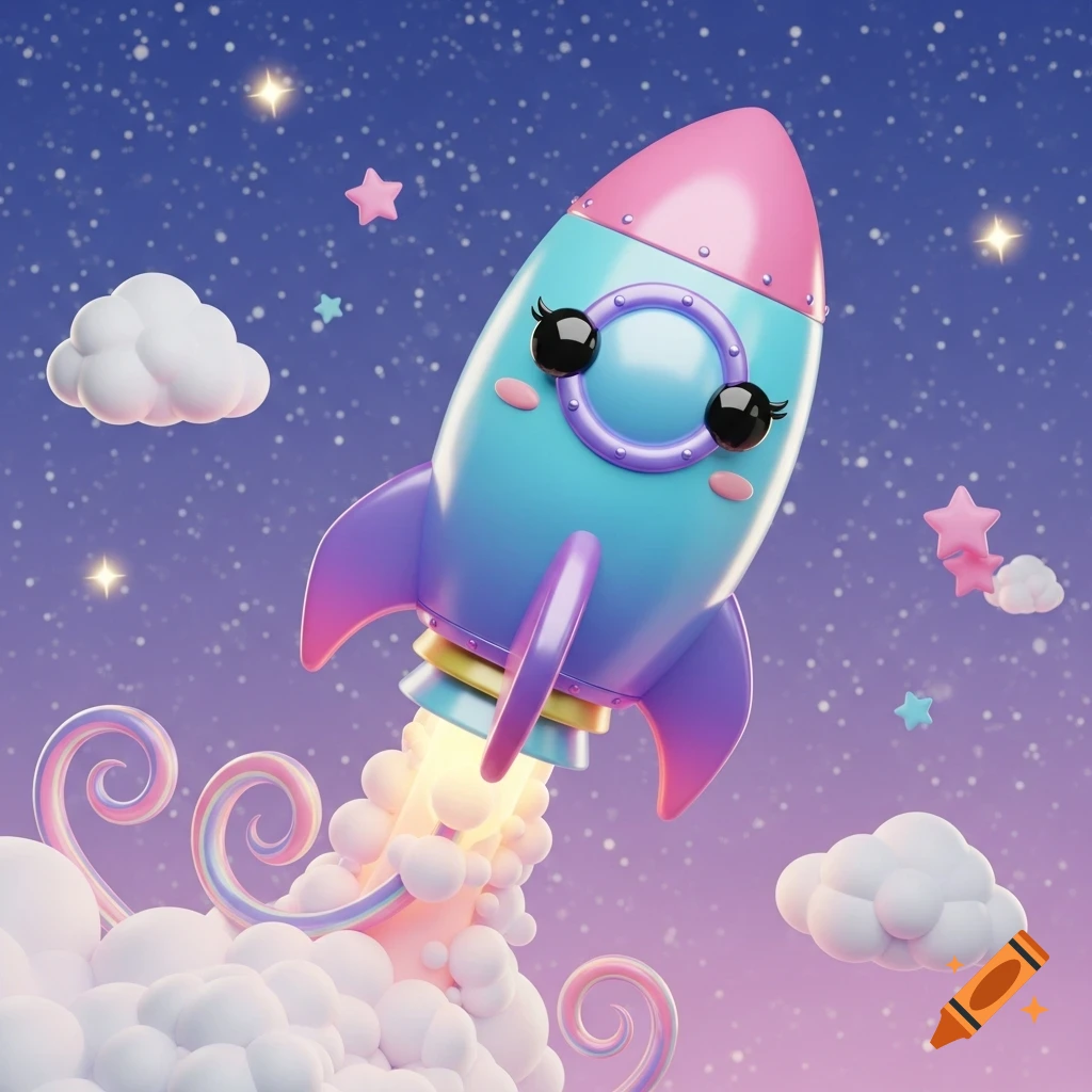 A cute 3D cartoon rocket in shades of blue, pink, and purple blasts off into a starry pastel sky with fluffy clouds.