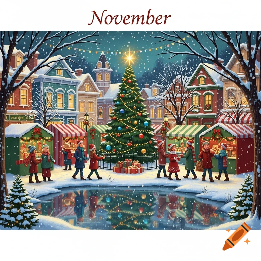 Festive illustration of a snowy Christmas market in a town square with a large decorated tree and people. Text 'November' at top.