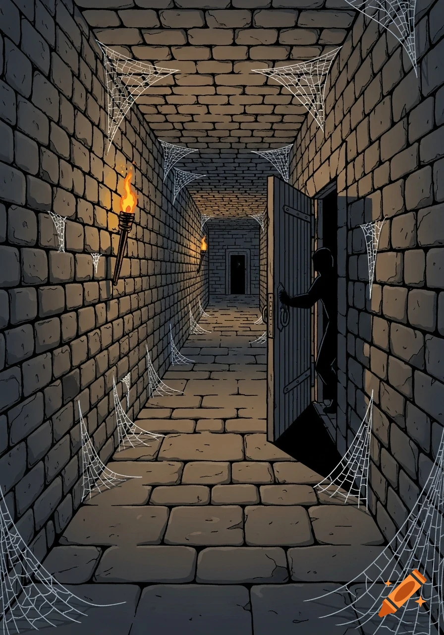 A graphic novel style illustration of a shadowy figure entering a dimly lit stone corridor with torchlight and cobwebs.