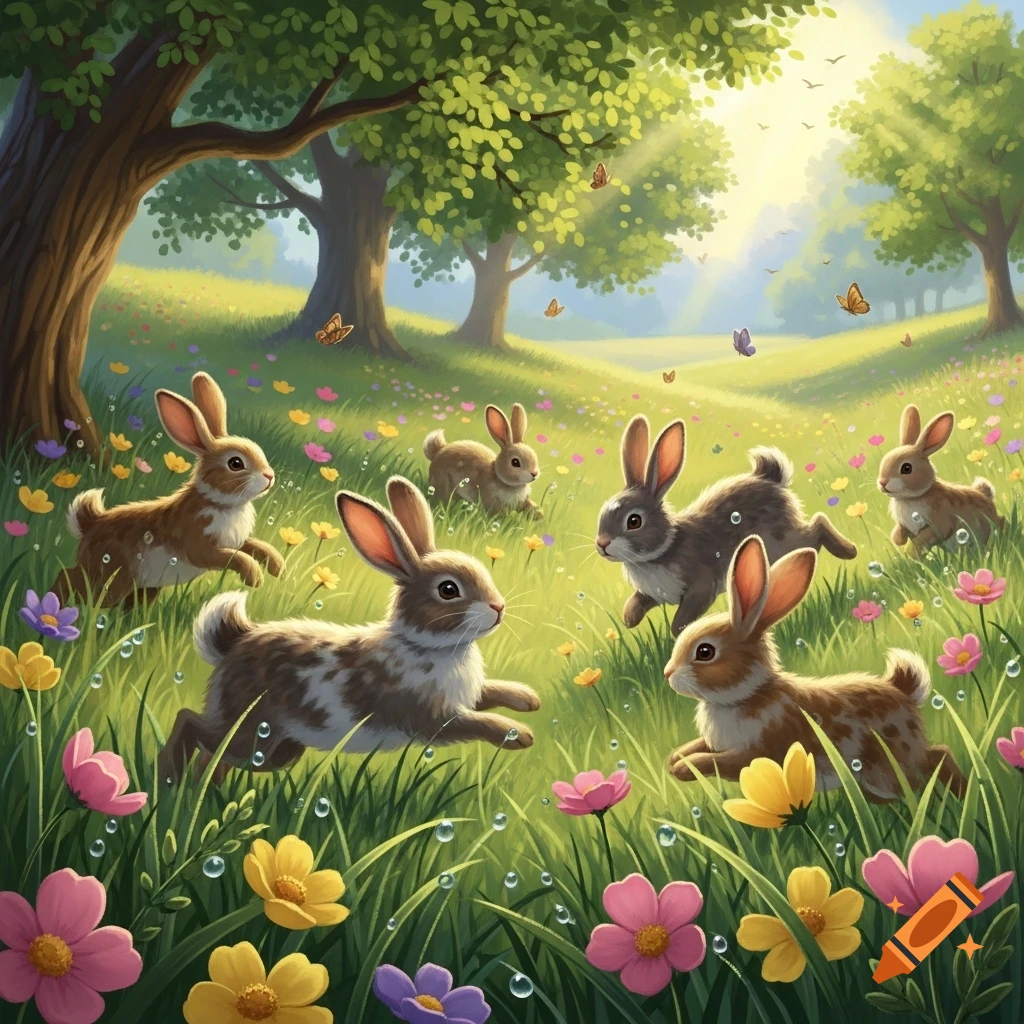 Multiple adorable rabbits playing in a vibrant, sunlit meadow filled with colorful flowers and green trees, illustrated style.