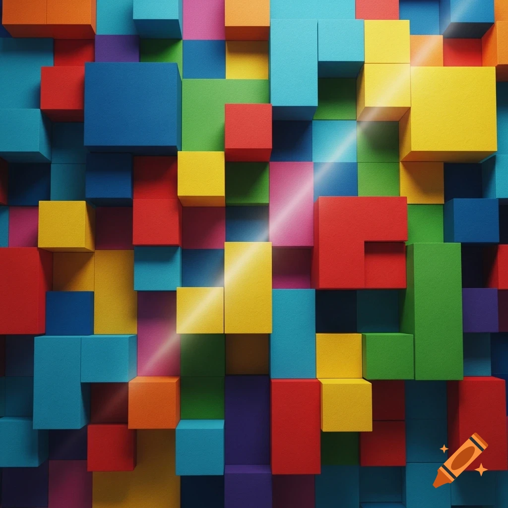 A vibrant arrangement of colorful 3D blocks and rectangles of various sizes, creating a geometric pattern with subtle light reflections.