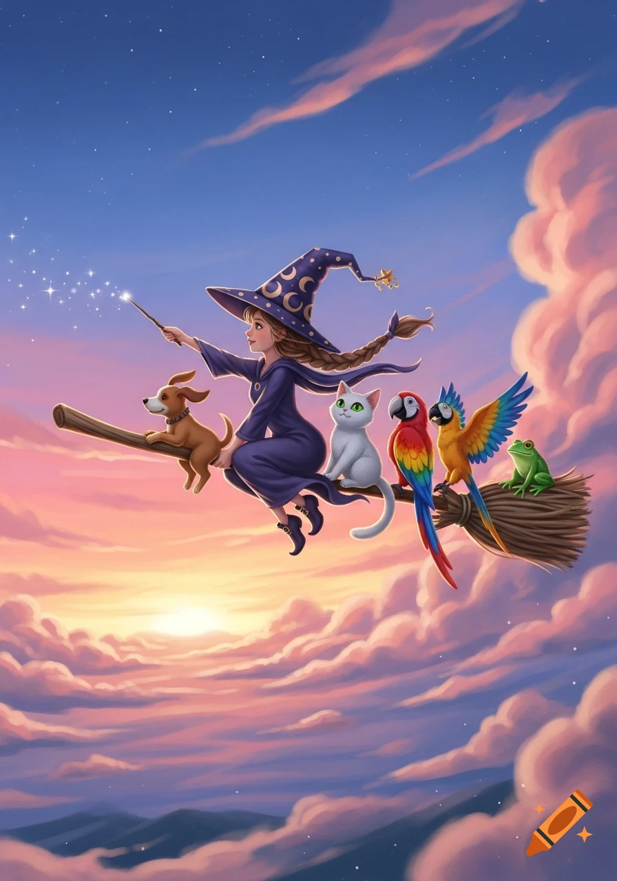 Cartoon witch with a long braid, flying on a broomstick with a dog, white cat, two colorful parrots, and a green frog, all against a vibrant sunset sky.