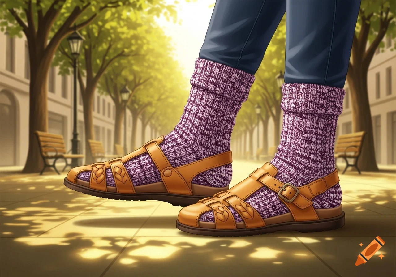 Close-up of a person's legs wearing blue pants, purple patterned socks, and brown leather sandals on a sunny urban sidewalk, illustration.