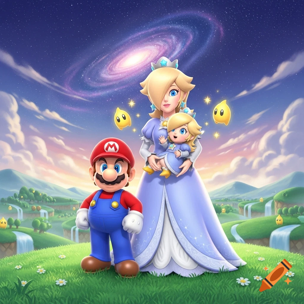 Mario and Princess Rosalina holding baby Rosalina, with Lumas, in a vibrant landscape under a starry galaxy sky.